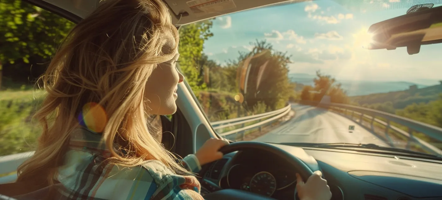 Conductora al volante disfrutando de una cabina climatizada en carretera